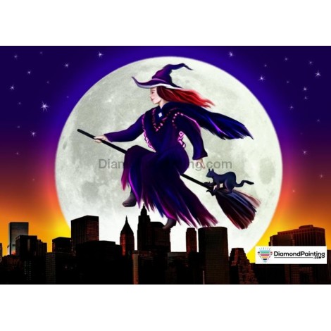Ships From USA -  Witch Rides Over The Moon Halloween 60x40cm