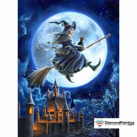 Halloween Diamond Painting Kit Witch over the Moon